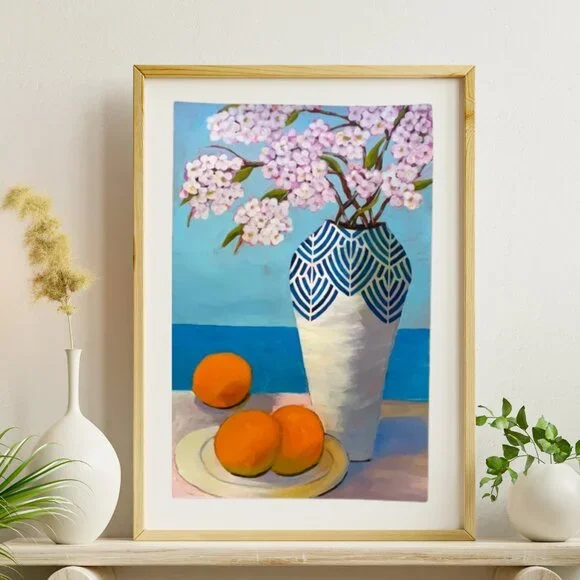Cherry Blossoms  Oranges and Ocean Views Acrylic Painting for Coastal Charm - Picture 3 of 8
